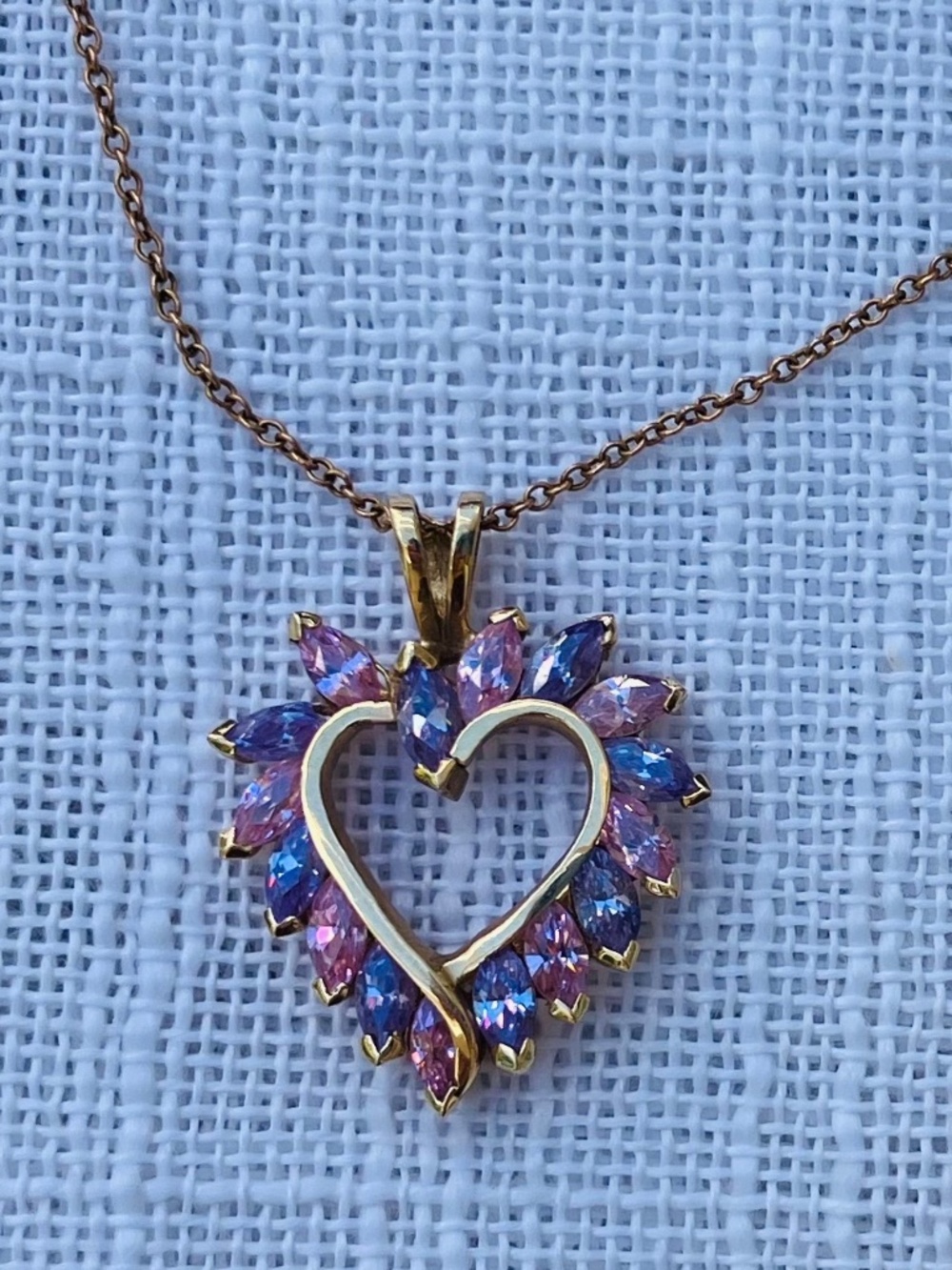 Vintage Eighties Pinks& Purples CZ Gold Plate Heart Shaped Pendant on GP Chain